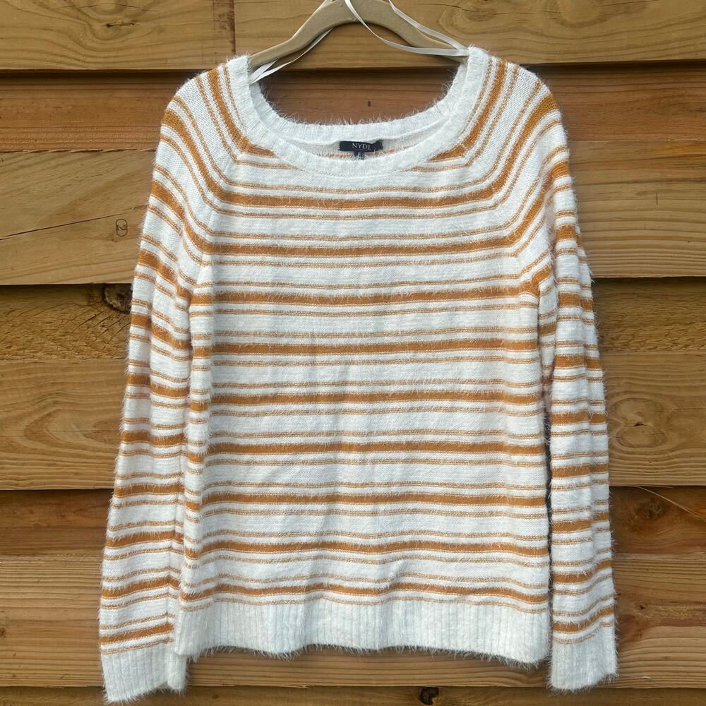 NYDJ Honeycomb Striped Fuzzy Sweater, Round Neck White, Caramel, Size S NWT